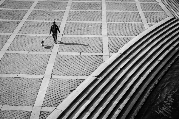person walking dog amid lines and shadows