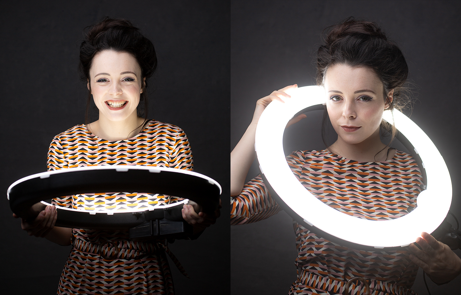 woman posing with ring lights as a prop