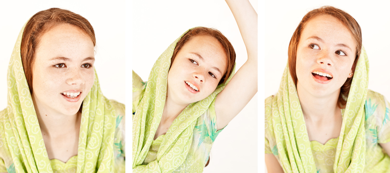 Three portraits of a girl in a green scarf