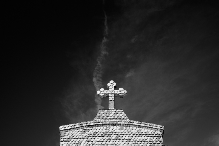 black and white church with less contrast