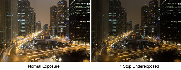 night scenes, one with exposure compensation and one without