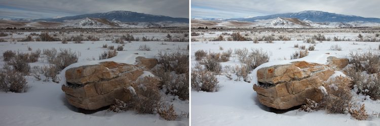 two snow scenes, one with exposure compensation and one without